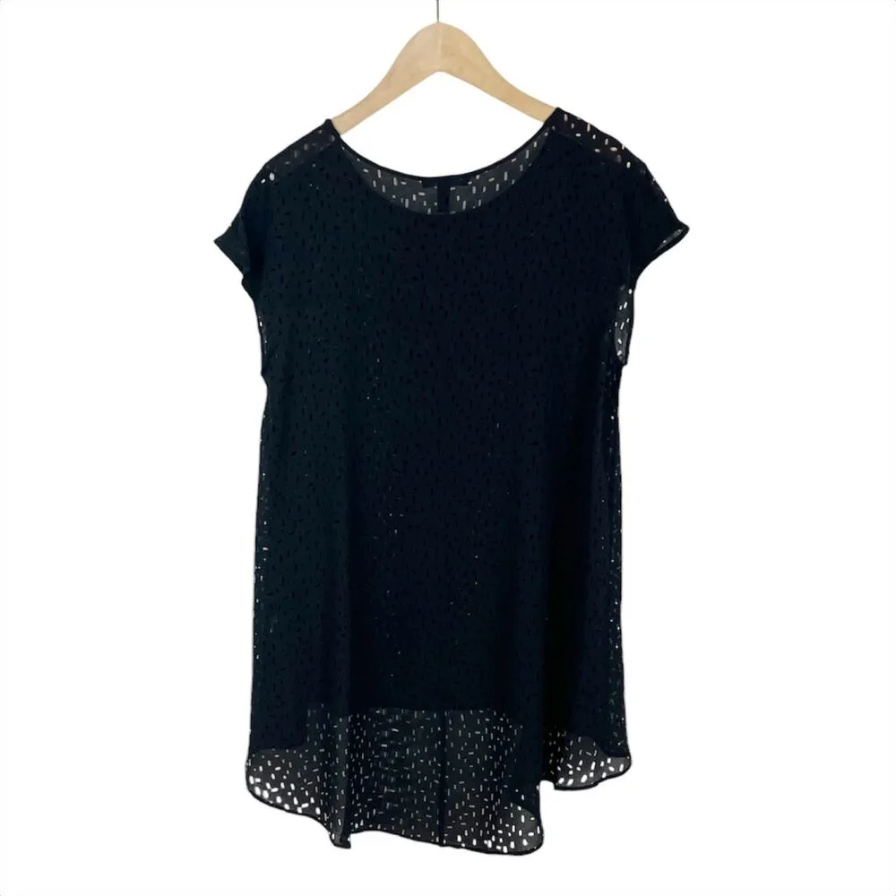 Eileen Fisher Confetti Laser Cut High Low Silk Top Blouse in Black Size XS - Image 4
