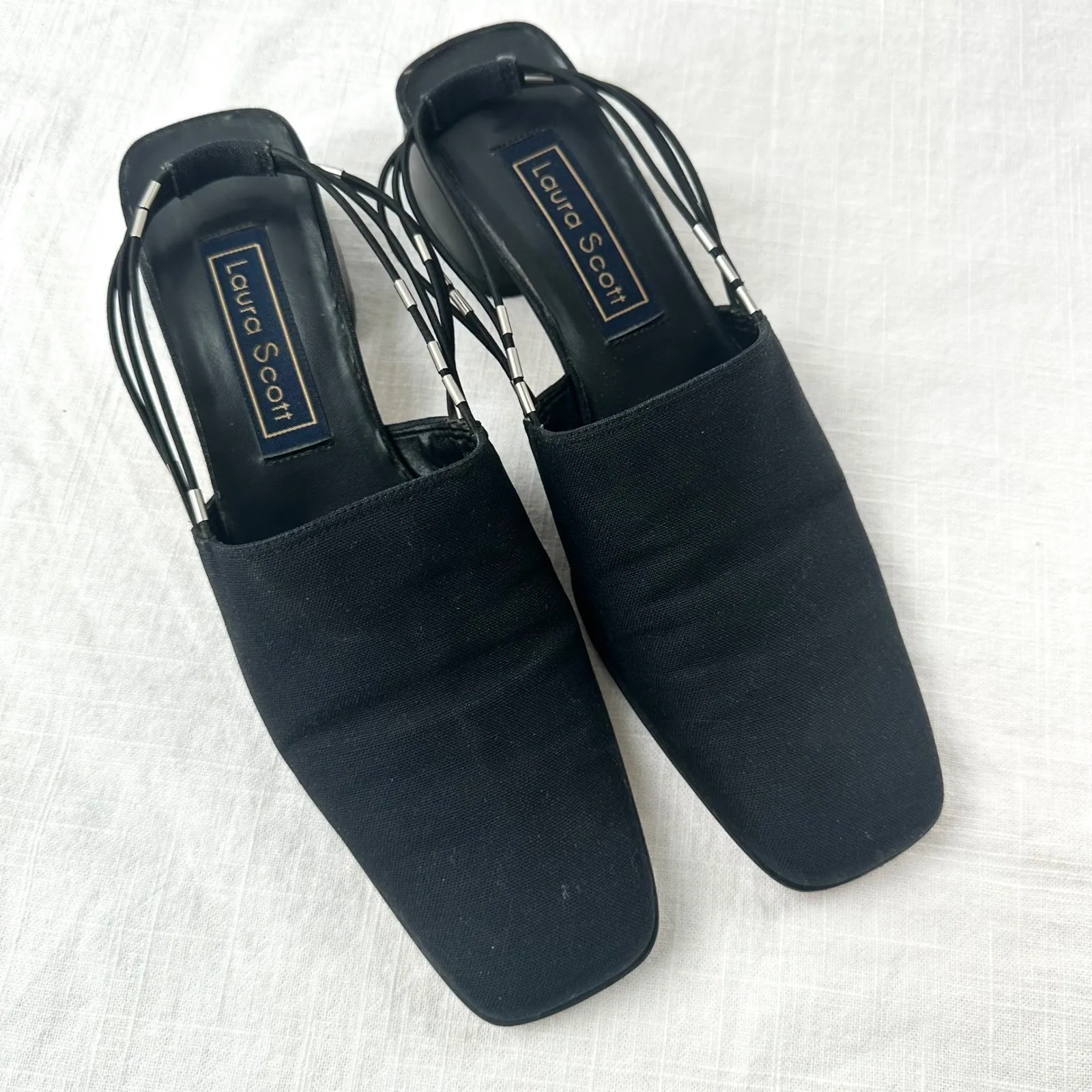 Laura Scott‎ Vintage 90s Black Mule Slingback Heels Block Heel Square Toe 8.5M - Image 8