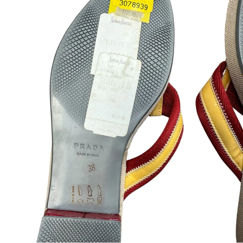 Prada Women’s 8 Chunk Heel Flip Flip Sandal Red Yellow Stripe Coastal Preppy NWT - Image 9