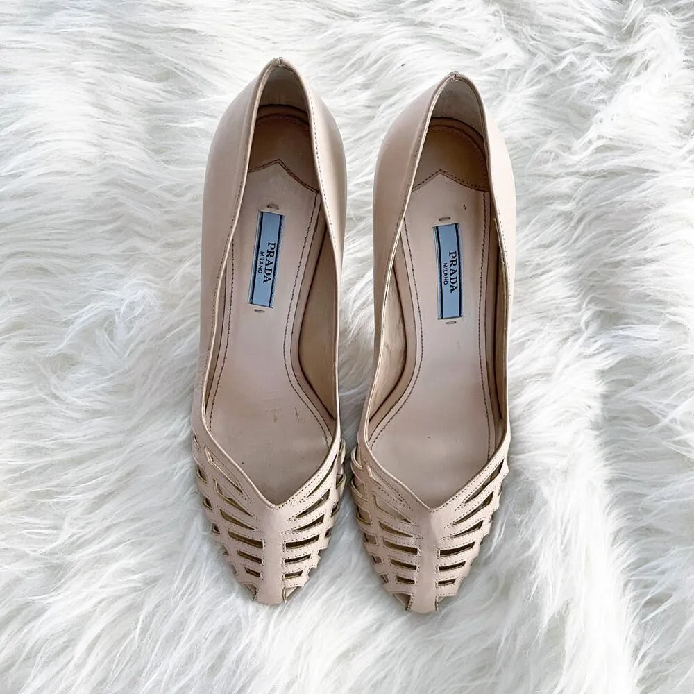 Prada Nude Beige Leather Caged Pumps - Image 3