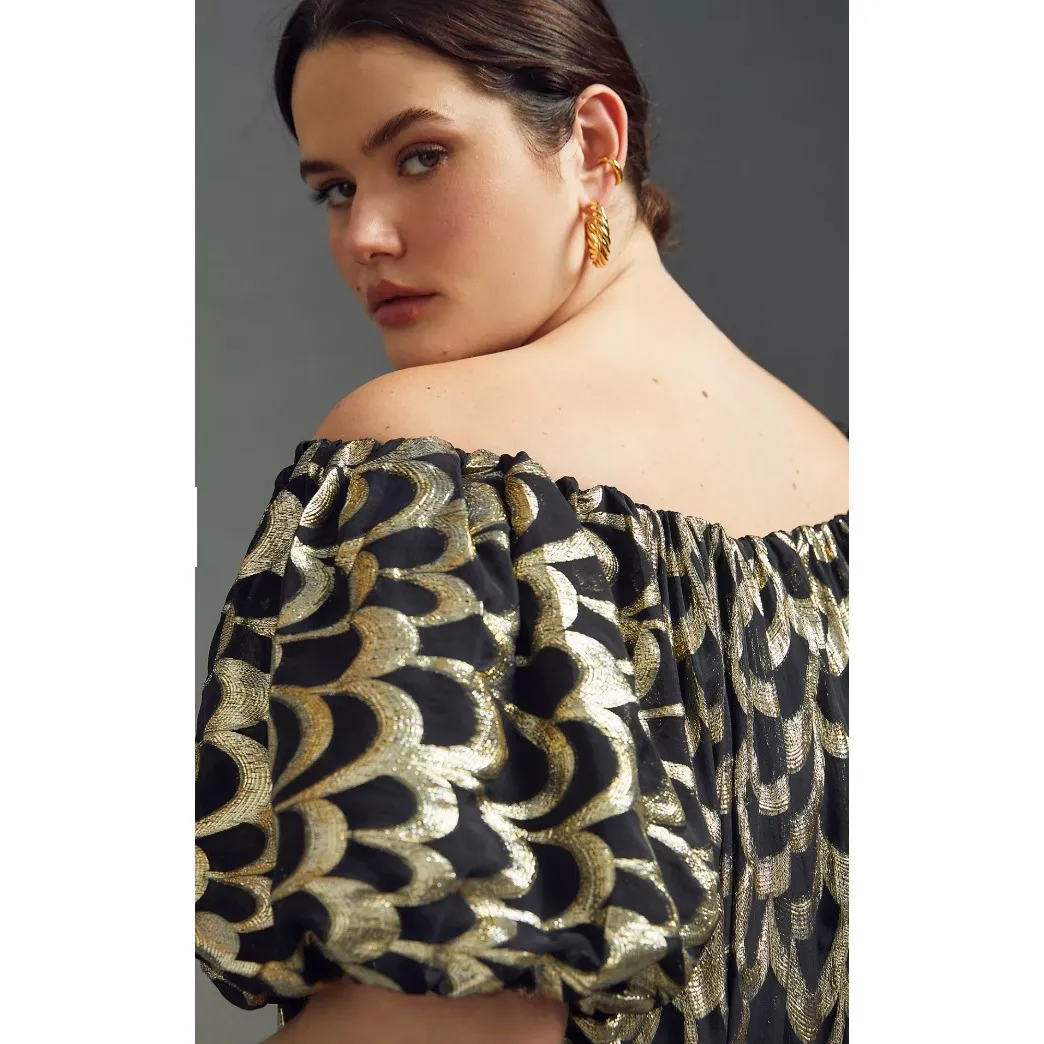 Delfi Mini Dress Women 1XL Black Gold Silk Off Shoulder NYE Party Cocktail Event Size 1X - Image 2