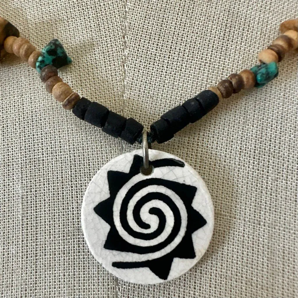 Handmade Ceramic Spiral Sun Pendant Boho Necklace - Image 2