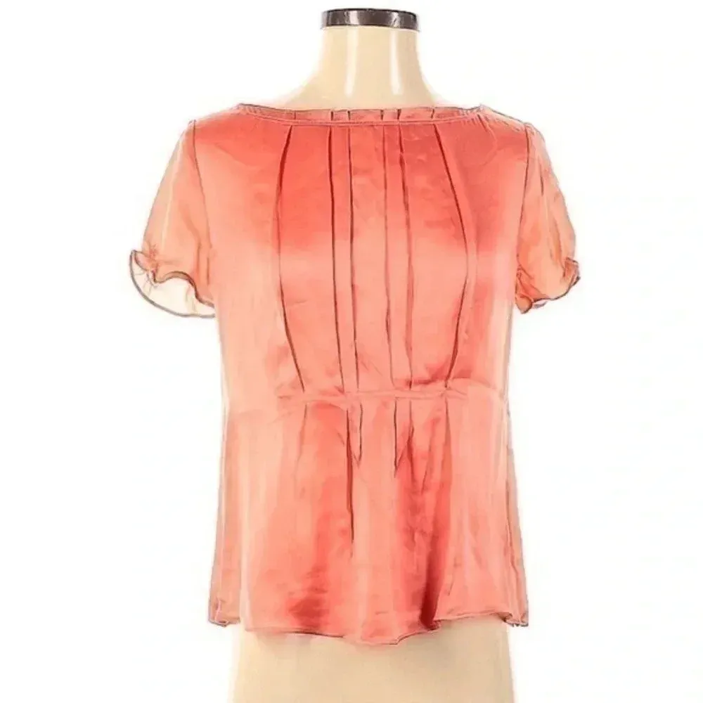 J. Crew Y2K 100% Silk Pink Salmon Short Sleeve Semi Sheer Blouse Size 0 XXS XS - Image 3