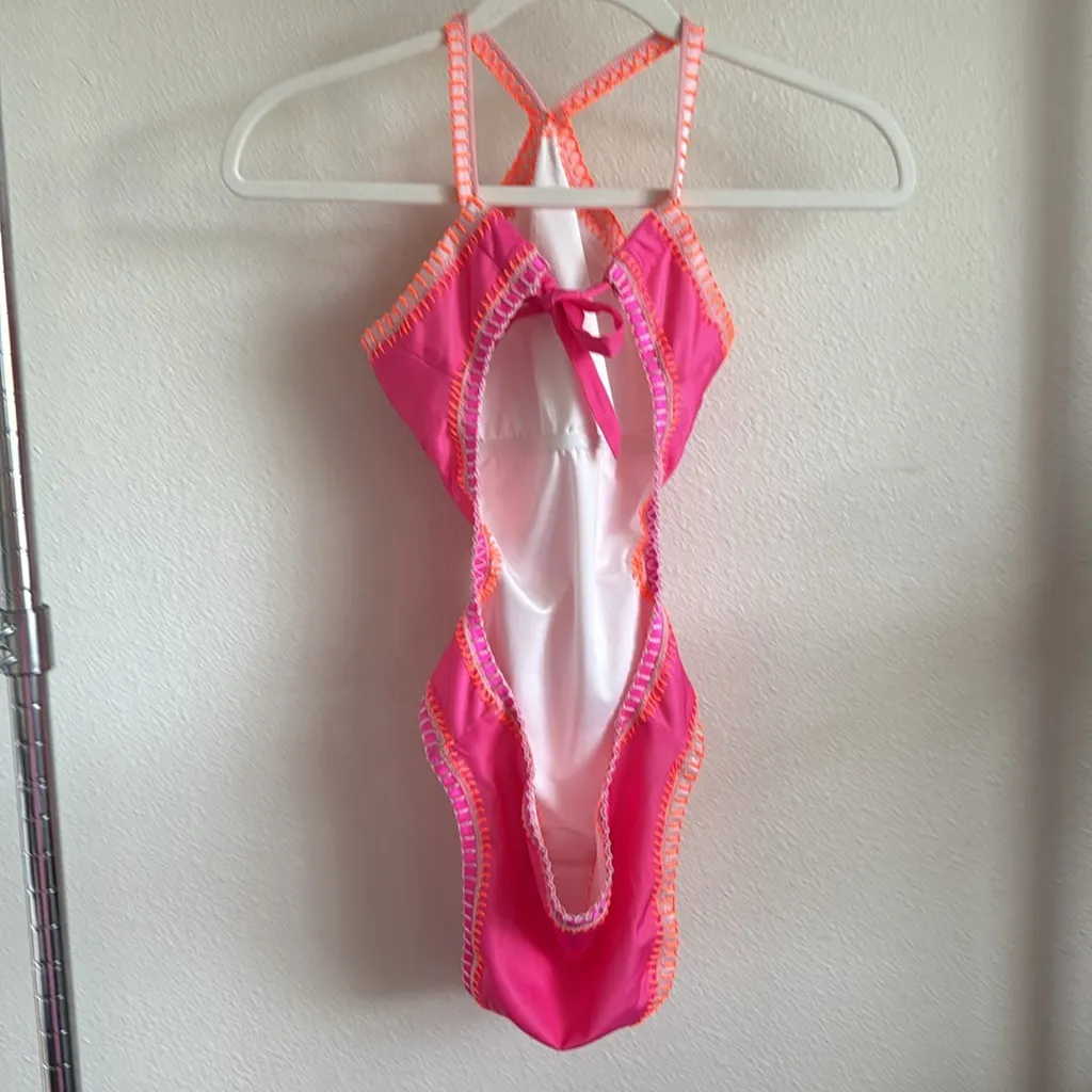 PQ PLATINUM SWIMWEAR Pink Crochet Trim High Neck One Piece Swimsuit - Image 9