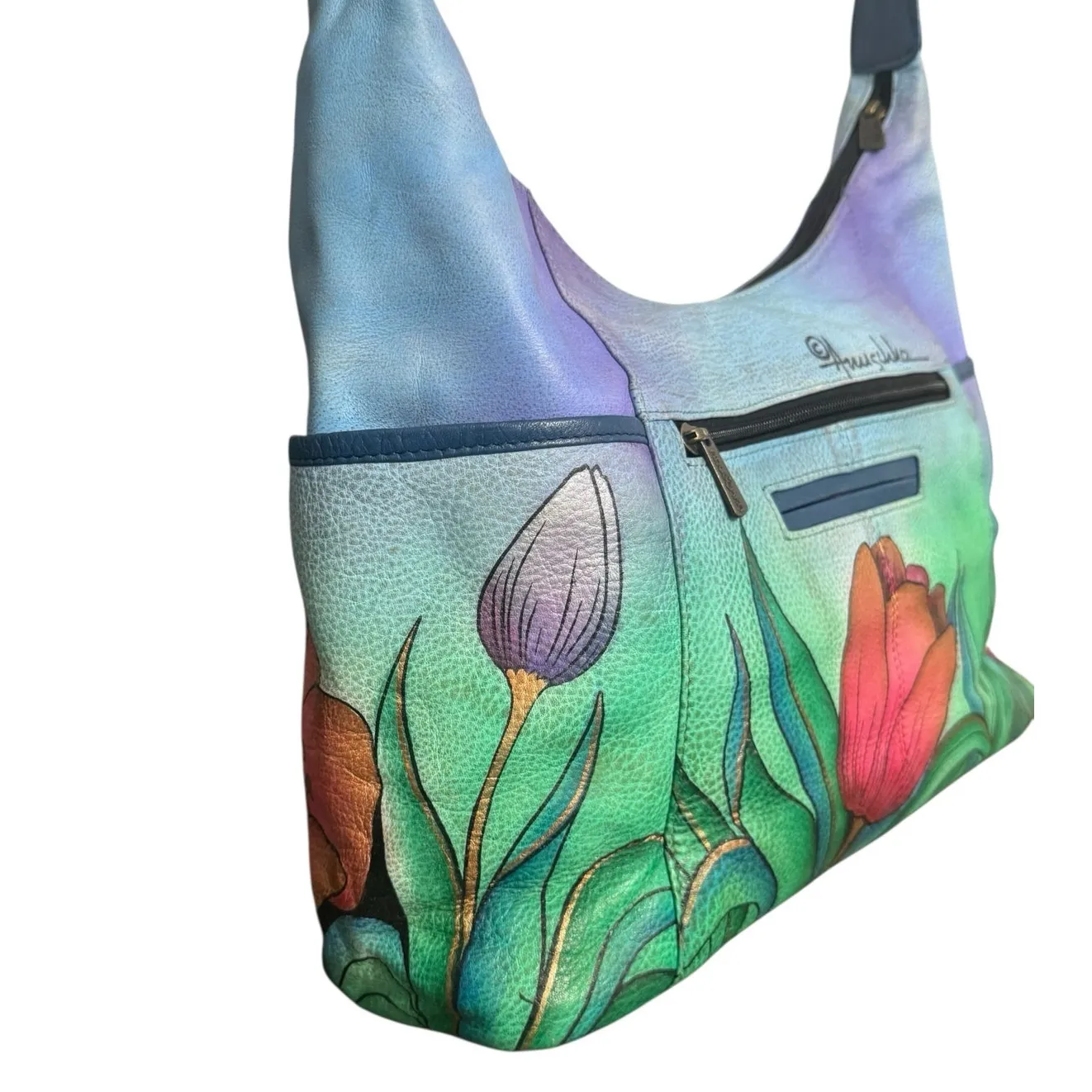 NWT! Anuschka Hand Painted Tulips Leather Hobo Handbag with Card Wallet - Image 10