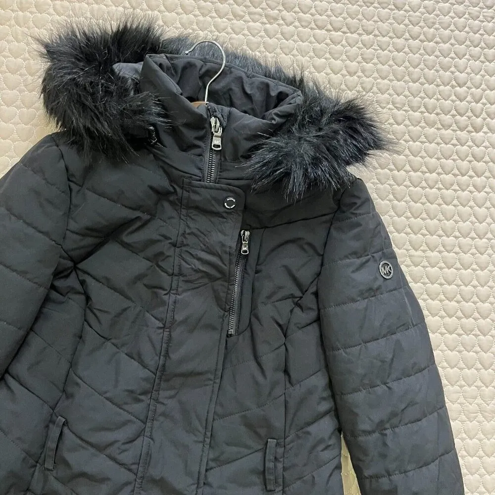 NWOT Michael Kors Quilted Women Long Puffer Coat w/ Fur Hoodie Black Size XS - Image 4