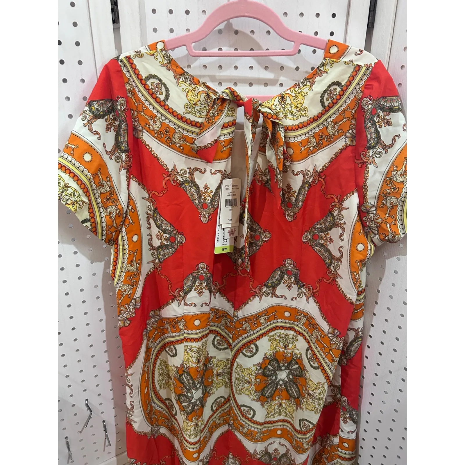 Danny & Nicole 18W Red Orange Baroque Print Short Sleeve Tie Back Dress Plus - Image 7