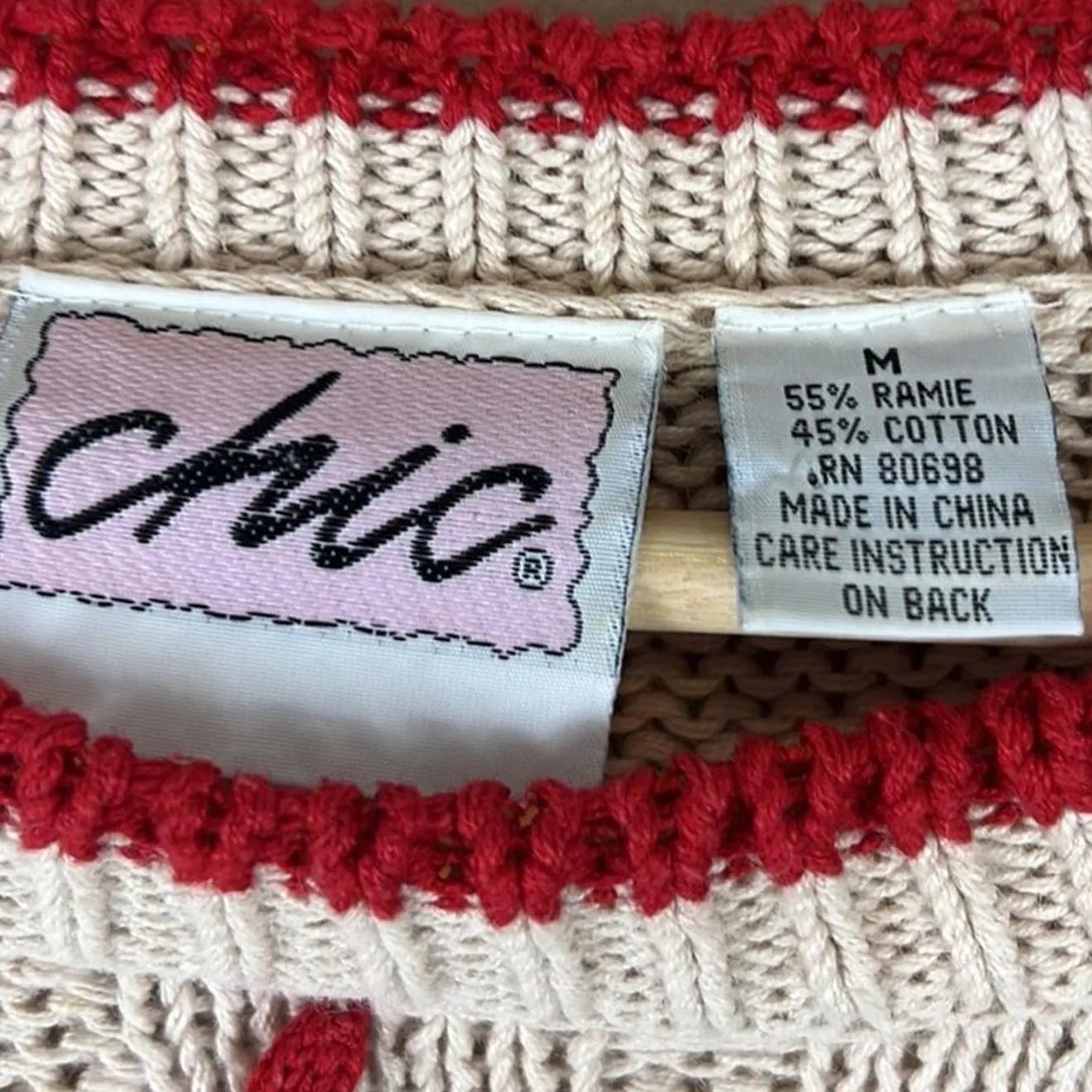 Vintage Chic Sweater Womens M Cream Plaid Hem Open Knit Holiday Ramie Preppy 90s Size M - Image 5