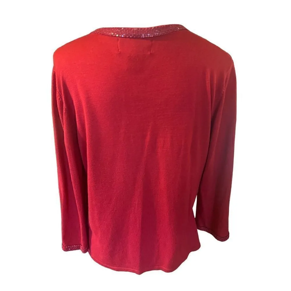 Requirements Red V-Neck Sequined Long Sleeve Lightweight Sweater Size XL - Image 3