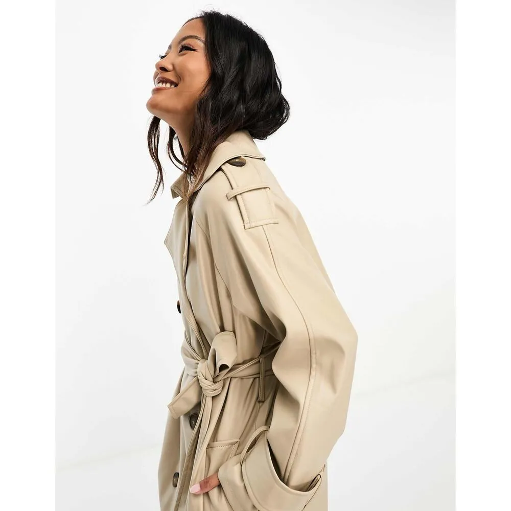 ASOS DESIGN Tan Faux Leather Trench Coat Size 12 Long Preppy Chic Minimalist - Image 8