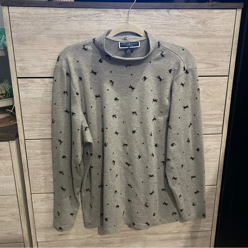 Karen Scott Womens 2X Grey Heather Cat Printed Long Sleeve Mock Neck Top - Image 2