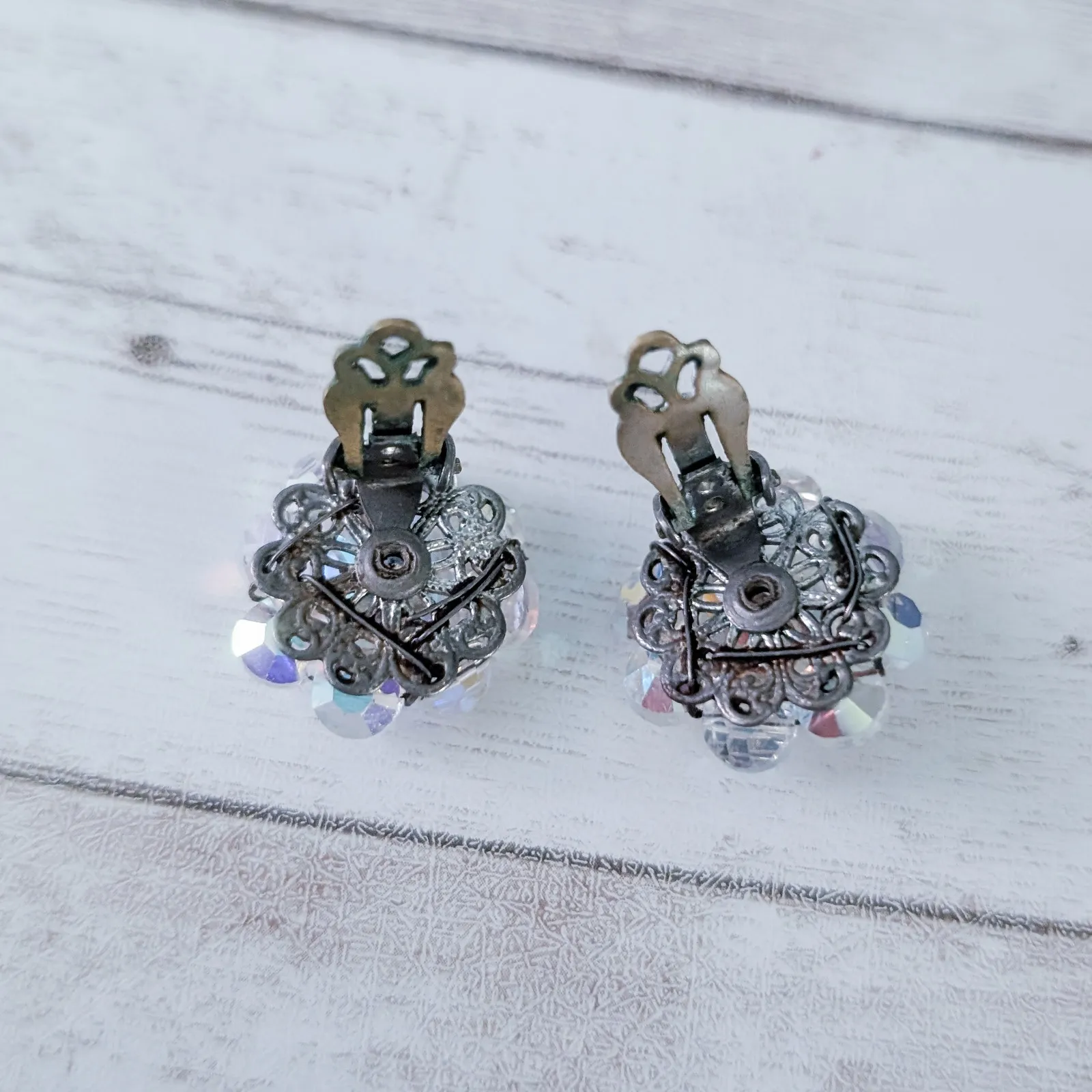 Vintage Clip On Earrings Clear/Iridescent Beaded Flower Like Cluster - Image 8