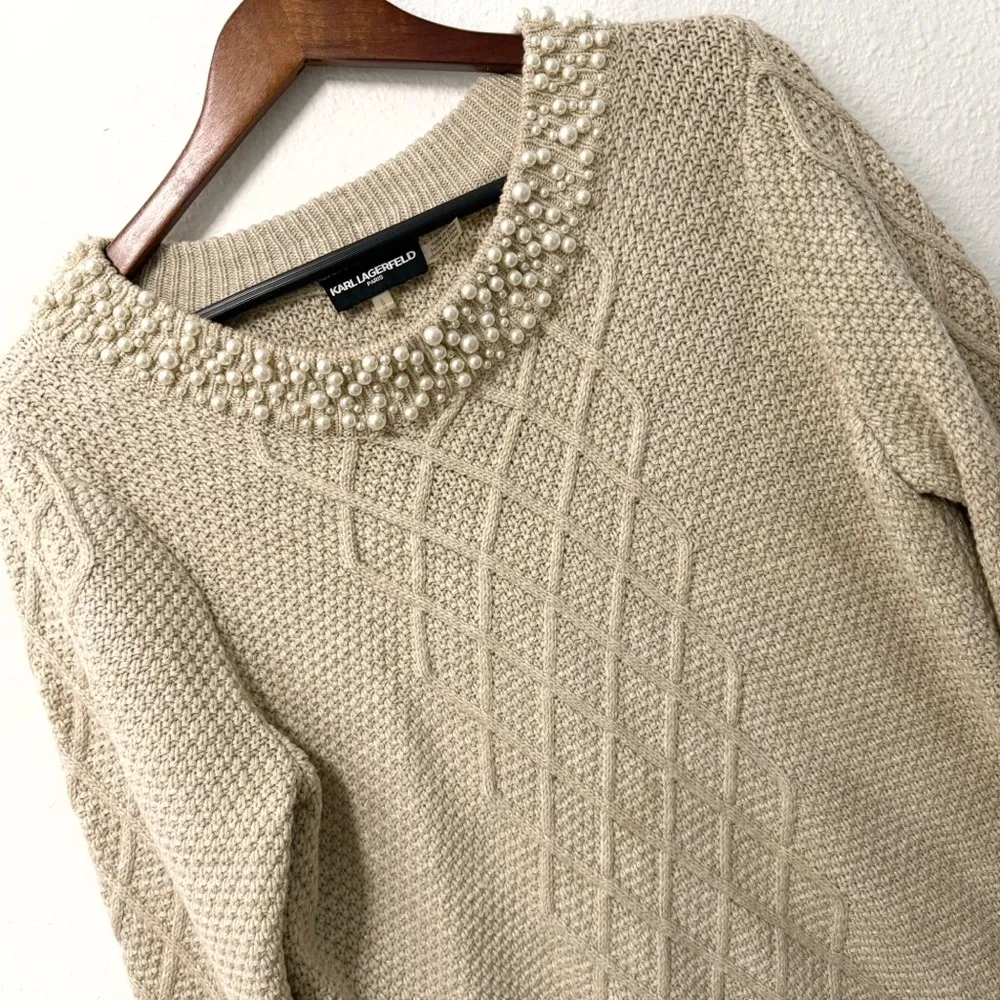 Karl Lagerfeld Paris pearl chunky knit sweater shiny beige size L - Image 3