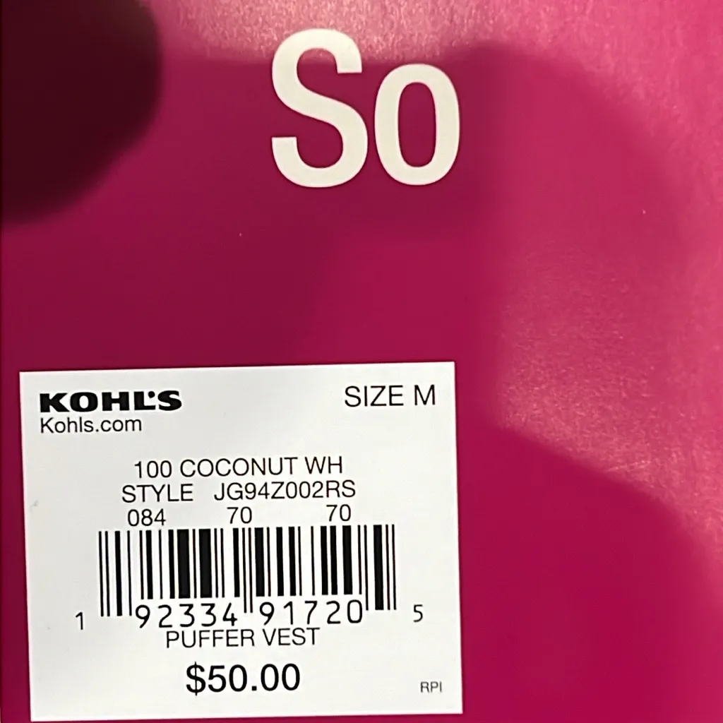 SO , Puffer Vest, Coconut White, Size Medium - NWT - Image 8