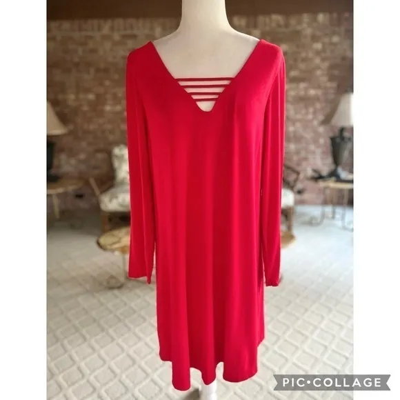 Venus Dress Mini Swing A-line Swing Red Knit L Cocktail Party Bright Long Sleeve - Image 2