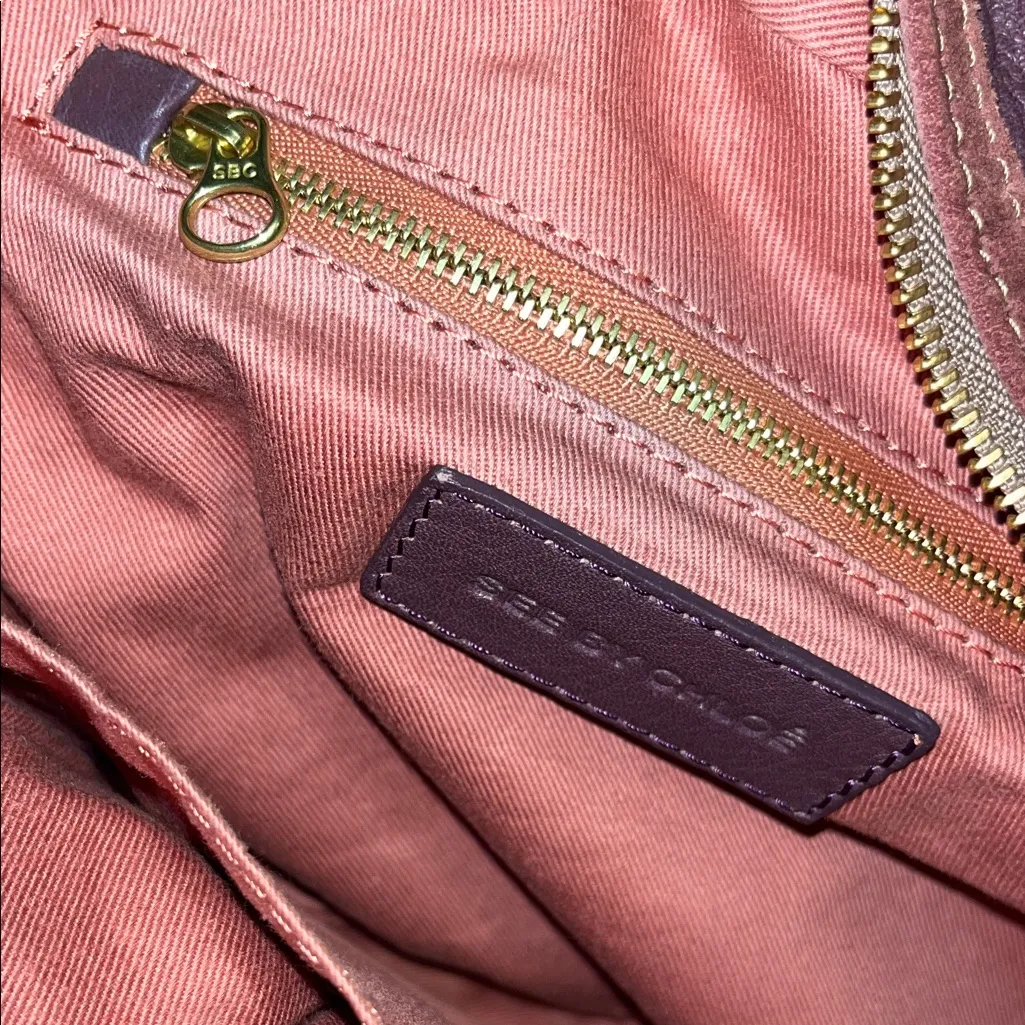 See by Chloe Marti Zipper Bow Bag Plum Leather & Pink Suede with brass hardware - Image 6