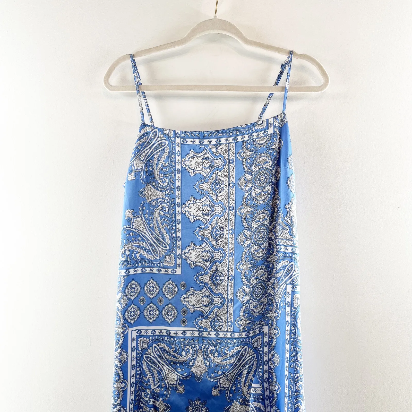 Loft Square Neck Bandana Print Slip Midi Satin Dress Blue 8 - Image 4