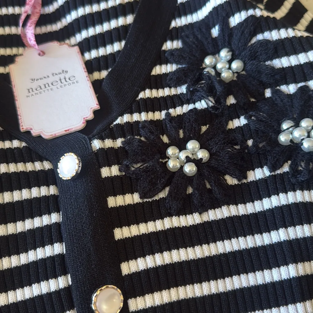 NWT Nanette Lepore V Neck Striped Pearl Embroidery Striped Stretch Cardigan M - Image 8