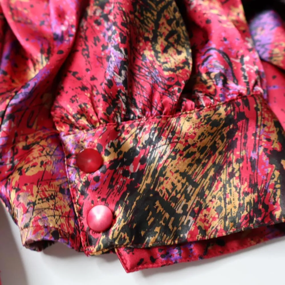 VTG 80s Tess Paris‎ Red Satin Blouse Abstract Disco Secretary Retro Statement 10 - Image 7