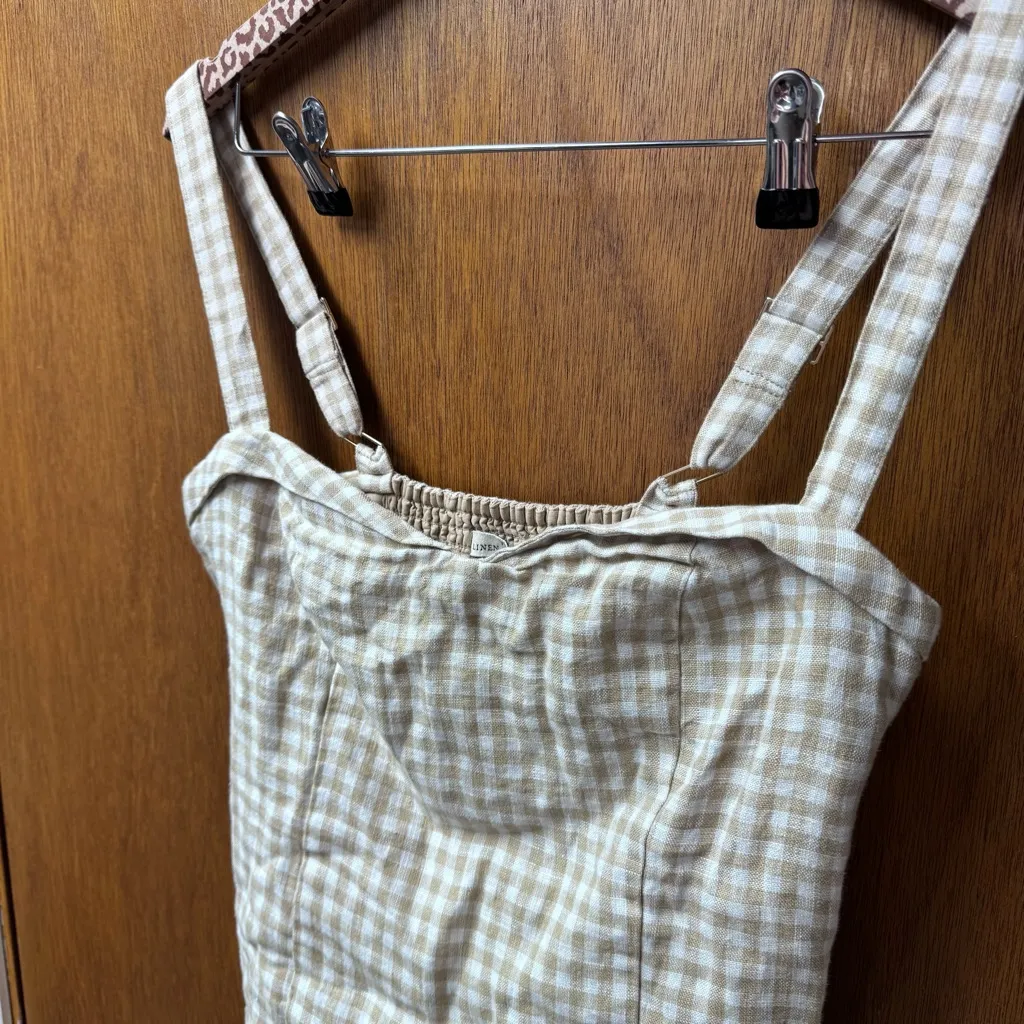 NEW Abercrombie & Fitch Premium Linen Drop-Waist Skort Dress Tan Gingham Large - Image 9