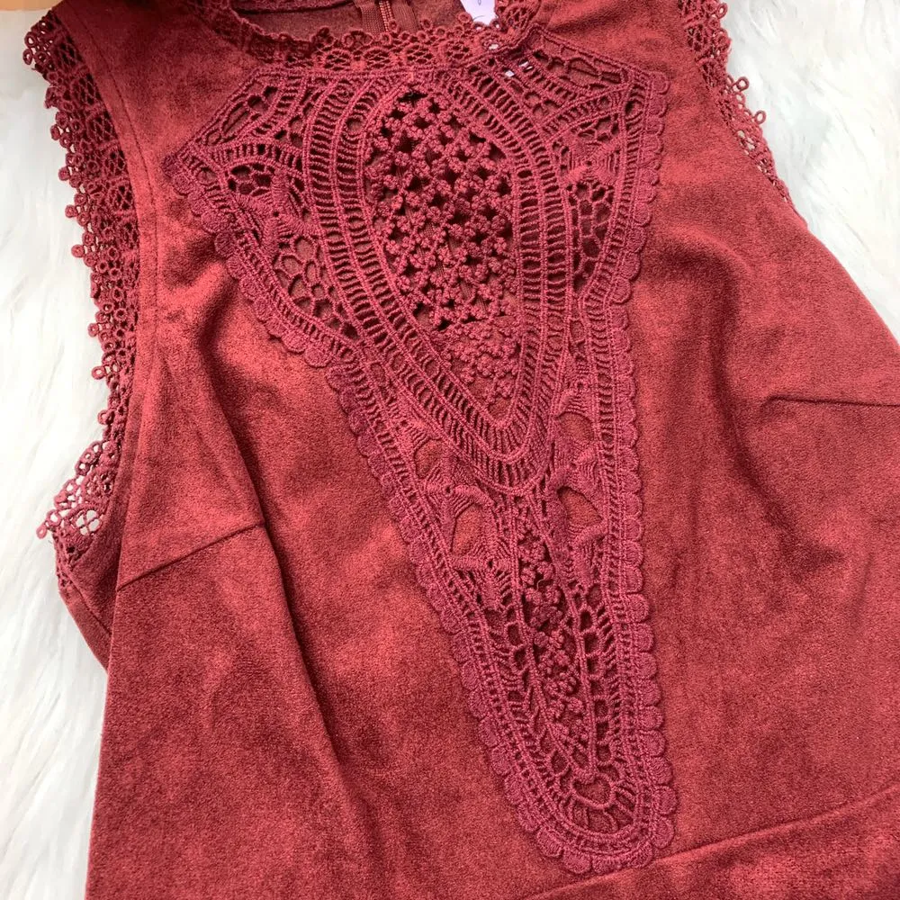 Burgundy Suede Peplum Tank Top - Image 3