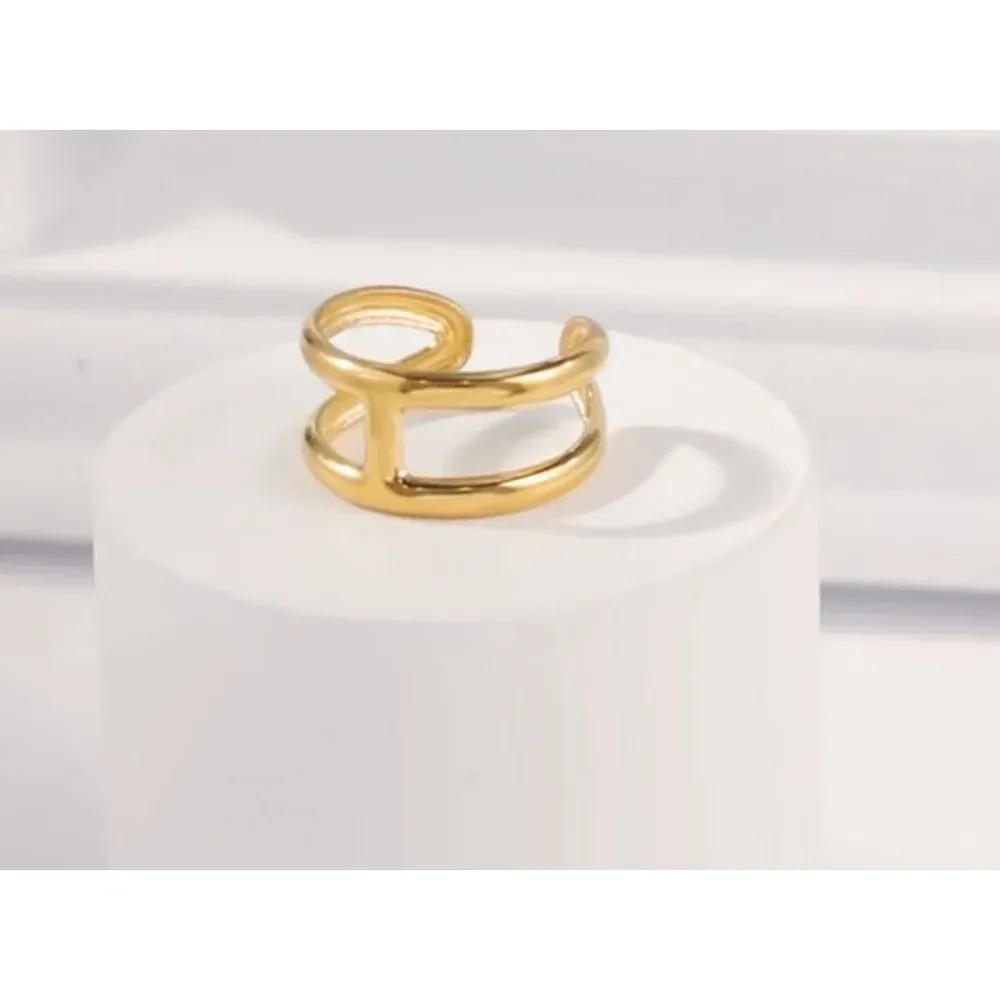 NEW Unisex H-Bar Ring, Gold‎ Plated S925 Band, Adjustable 10.5mm - Image 3