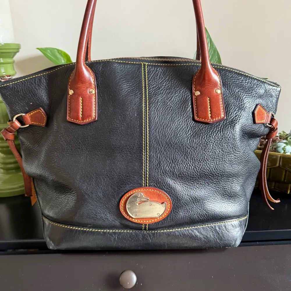 DOONEY & BOURKE Champosa Black Brown Pebbled Leather Satchel Handbag XL - Image 2