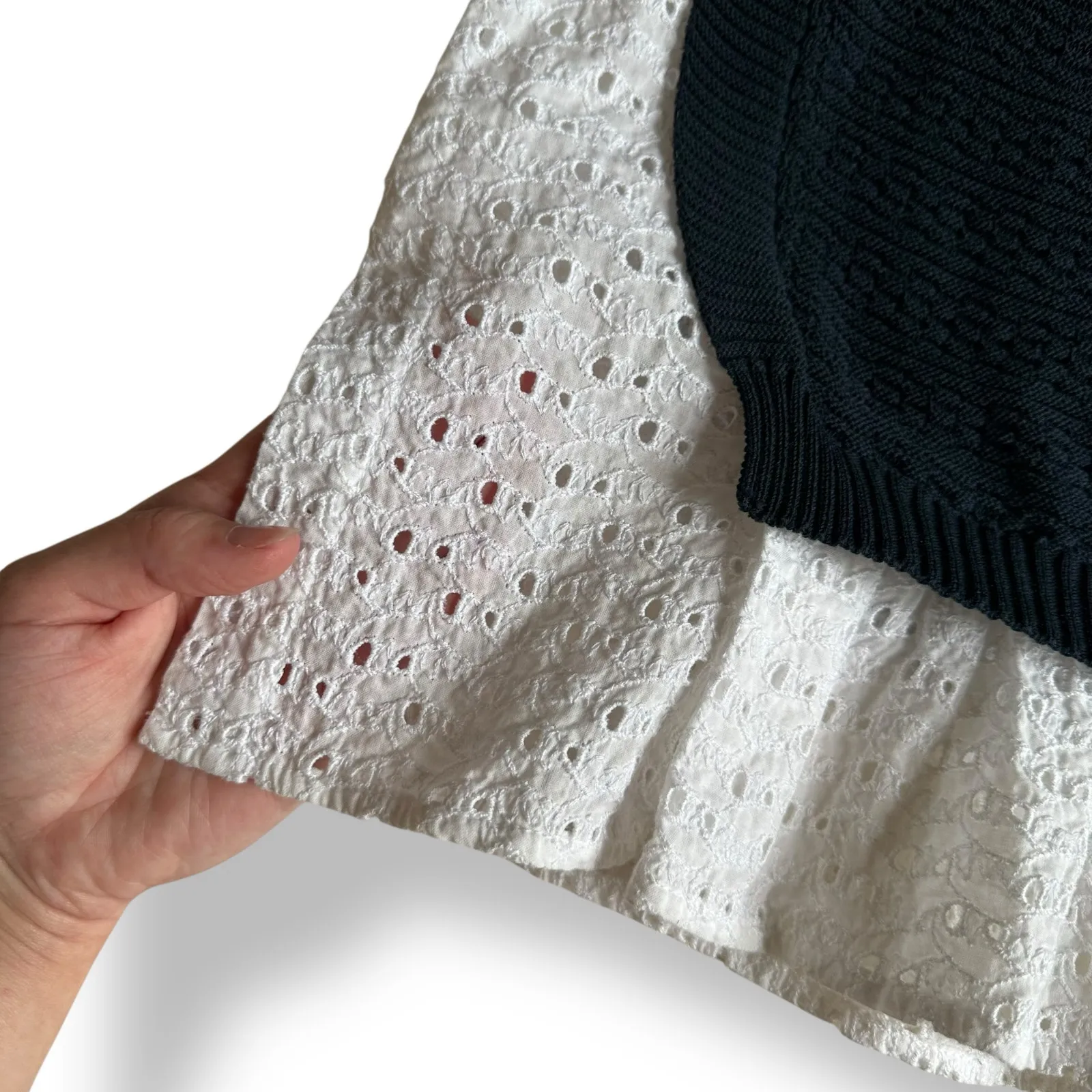 Piazza Sempione Navy Knit Top White Lace Hem Italy Size M Short Sleeve Designer - Image 6