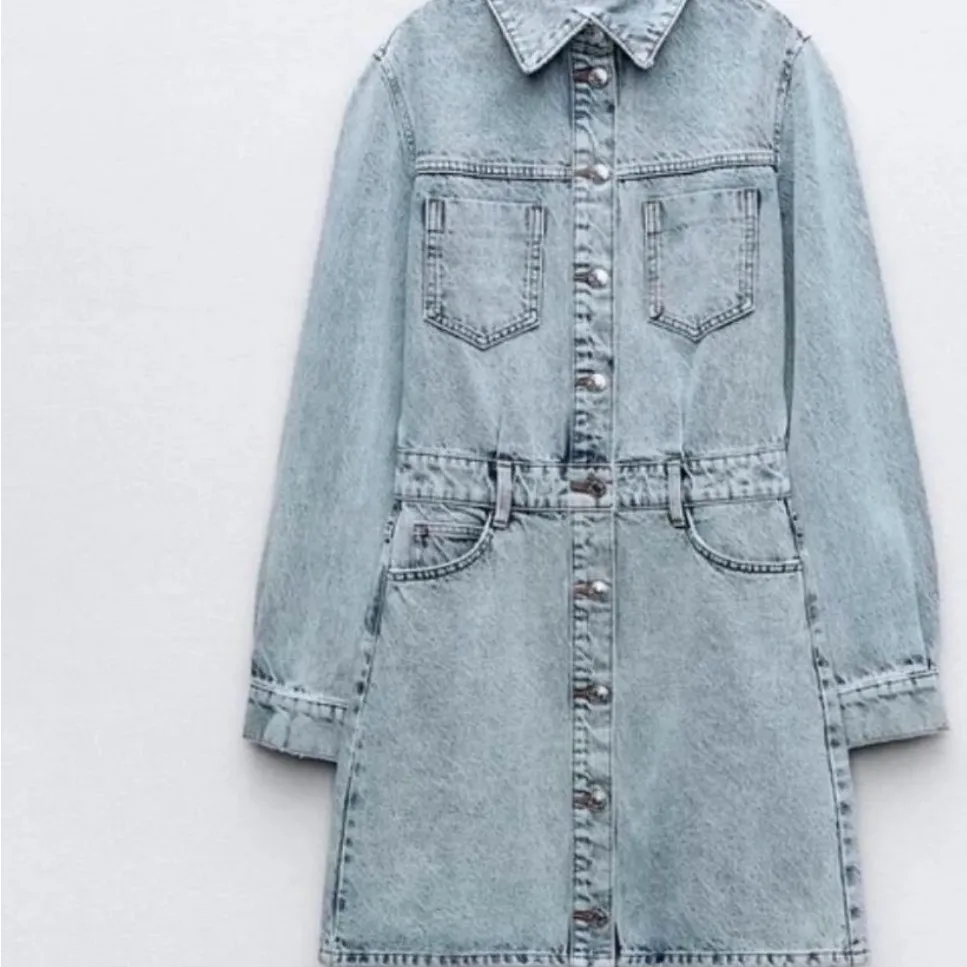 Zara Jeans Denim Long Sleeve Bruiser Stretch Frayed Mini Shirt Dress Sz M - Image 3
