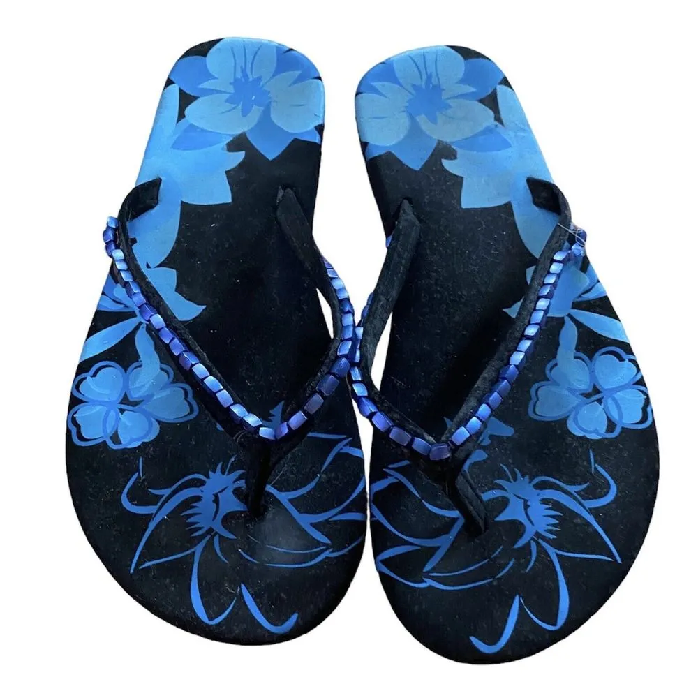 Women Flipflops Size 6 Floral Blue Black Flowers Sandals Beads Soft Foam Summer - Image 2