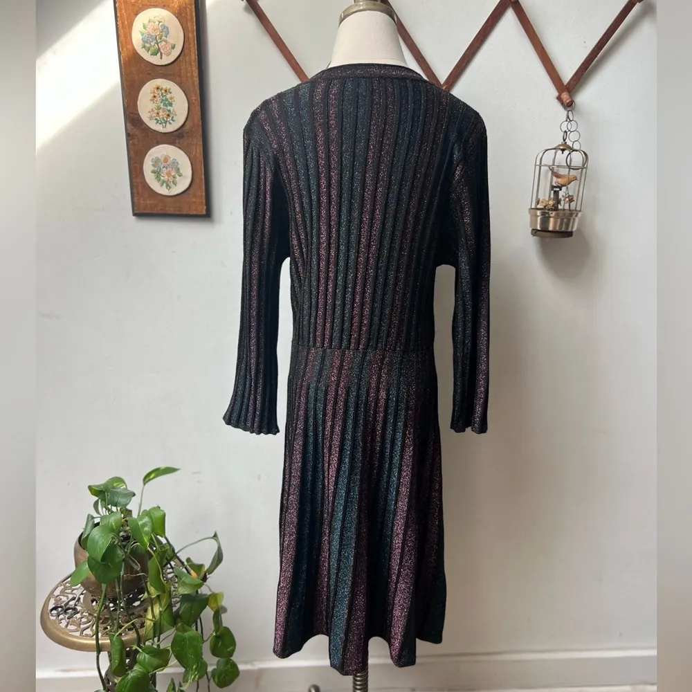 Metallic Striped Rib Knit Fit Flare Sweater Dress large - Image 9