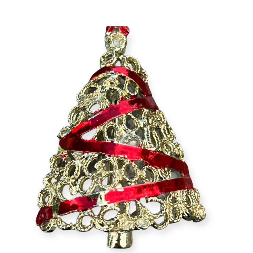 Vintage Gold Tone‎ & Red Enamel Ribbon Accent Christmas Tree Pin Brooch - Image 4