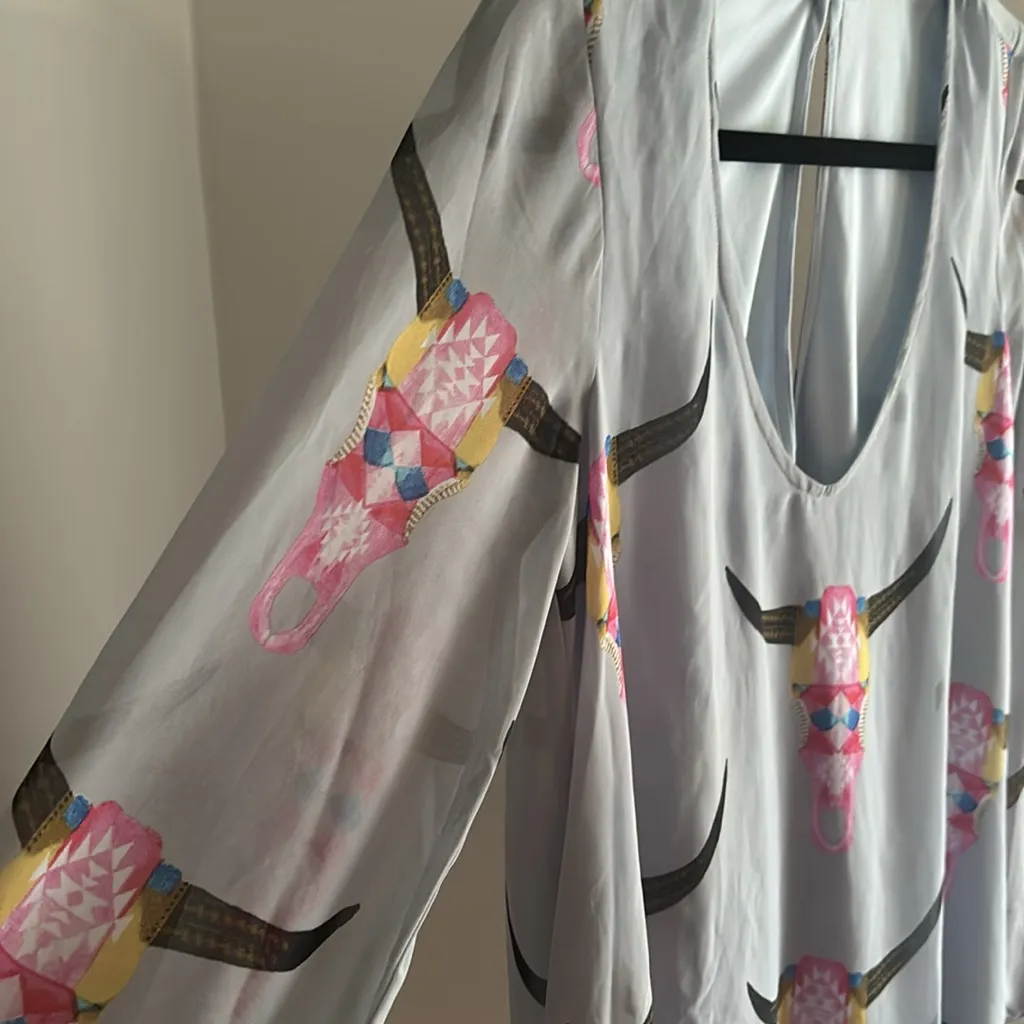 SHOW ME YOUR MUMU Donna Michelle Longhorn Skull Balloon Sleeve Tunic Dress Sz S - Image 4