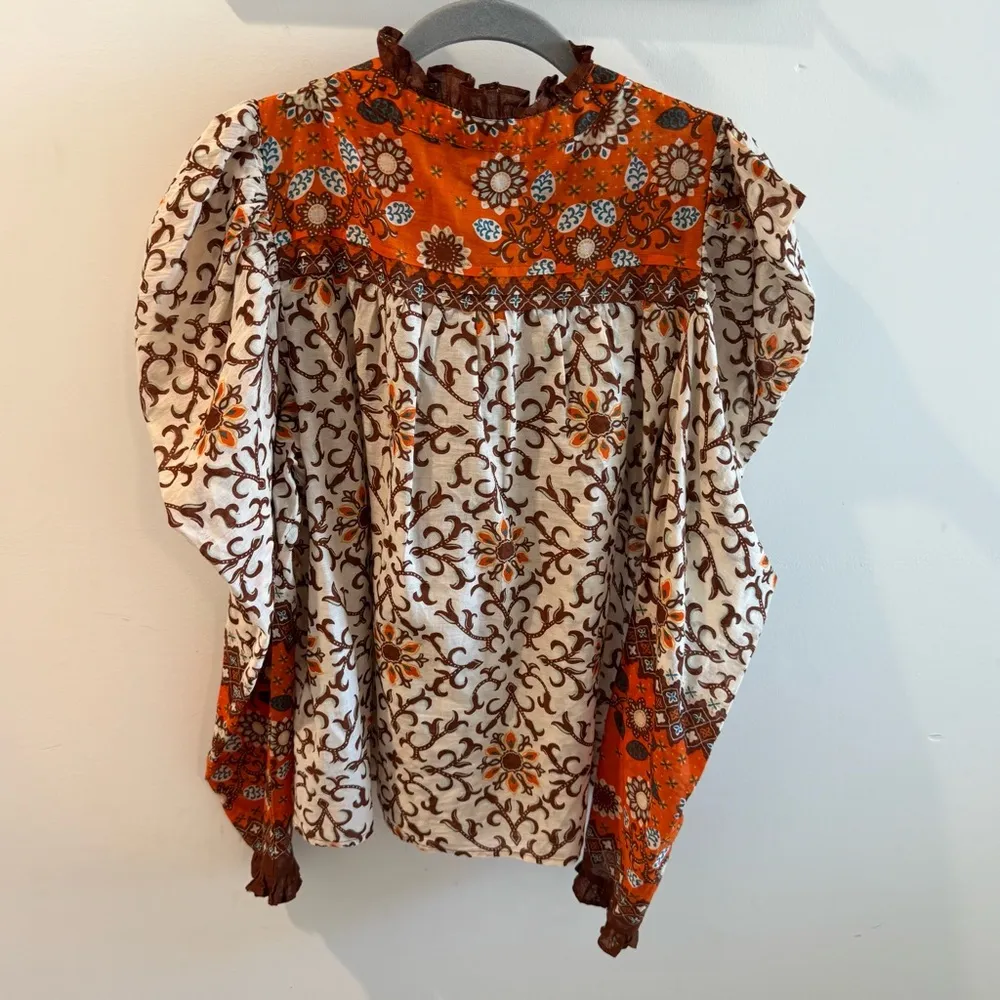 House of Harlow 1960 Mixed Floral Print Puff Sleeve Peasant Blouse Size Medium Orange - Image 6