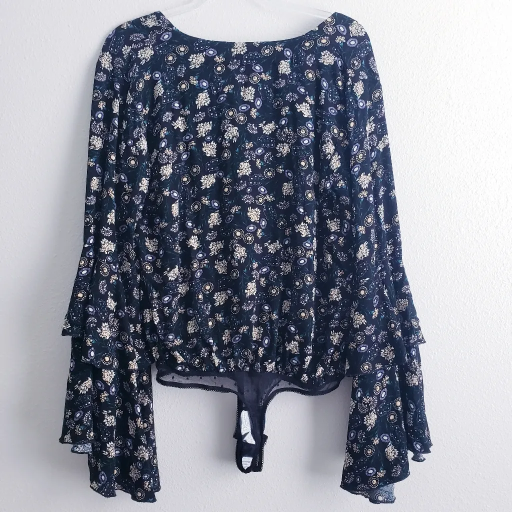 Free People Shes Dainty Long Bell Sleeve Floral Thong Bodysuit New Without Tags - Image 9