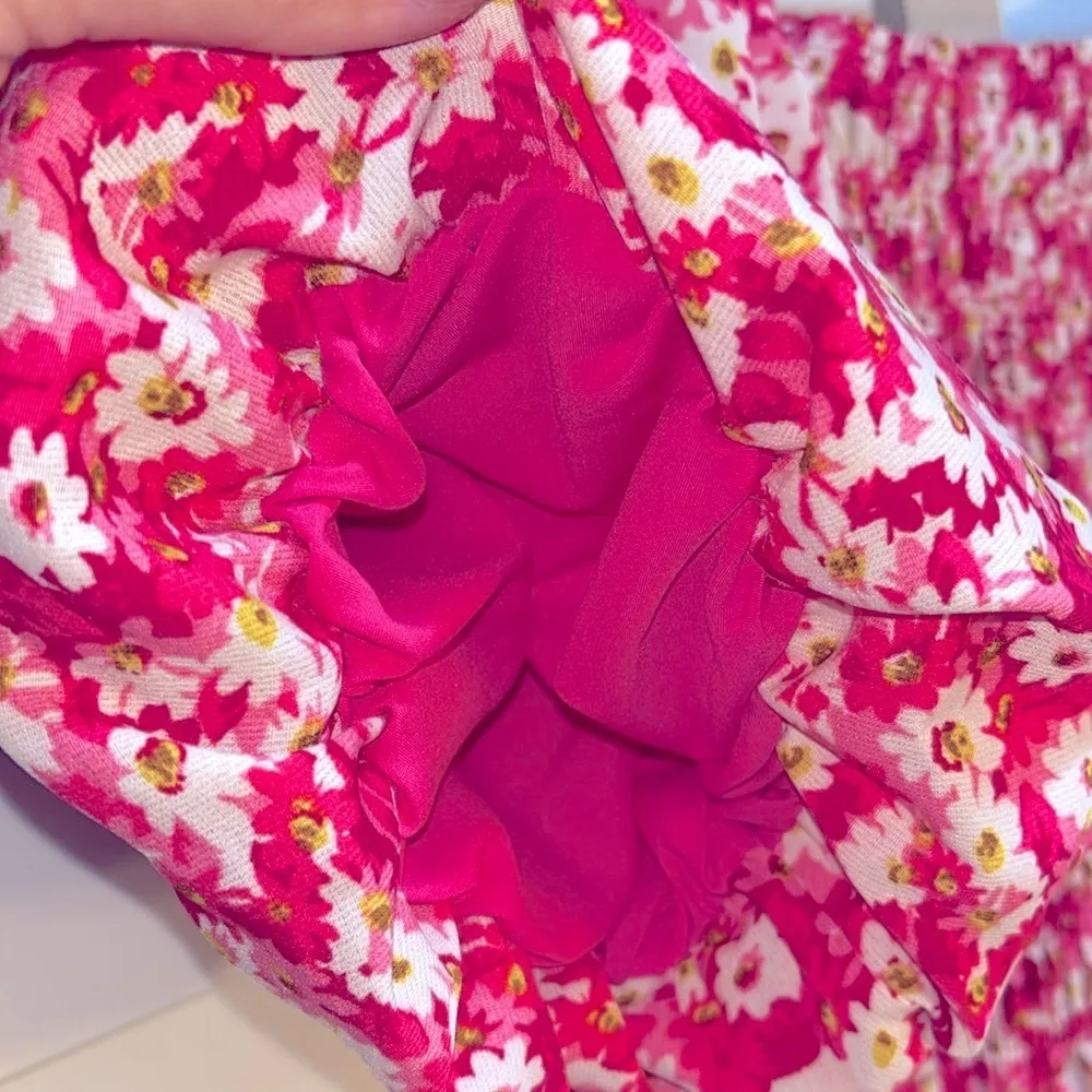 Puff sleeve floral dress medium super stretchy ruched bodice pink floral dress - Image 6