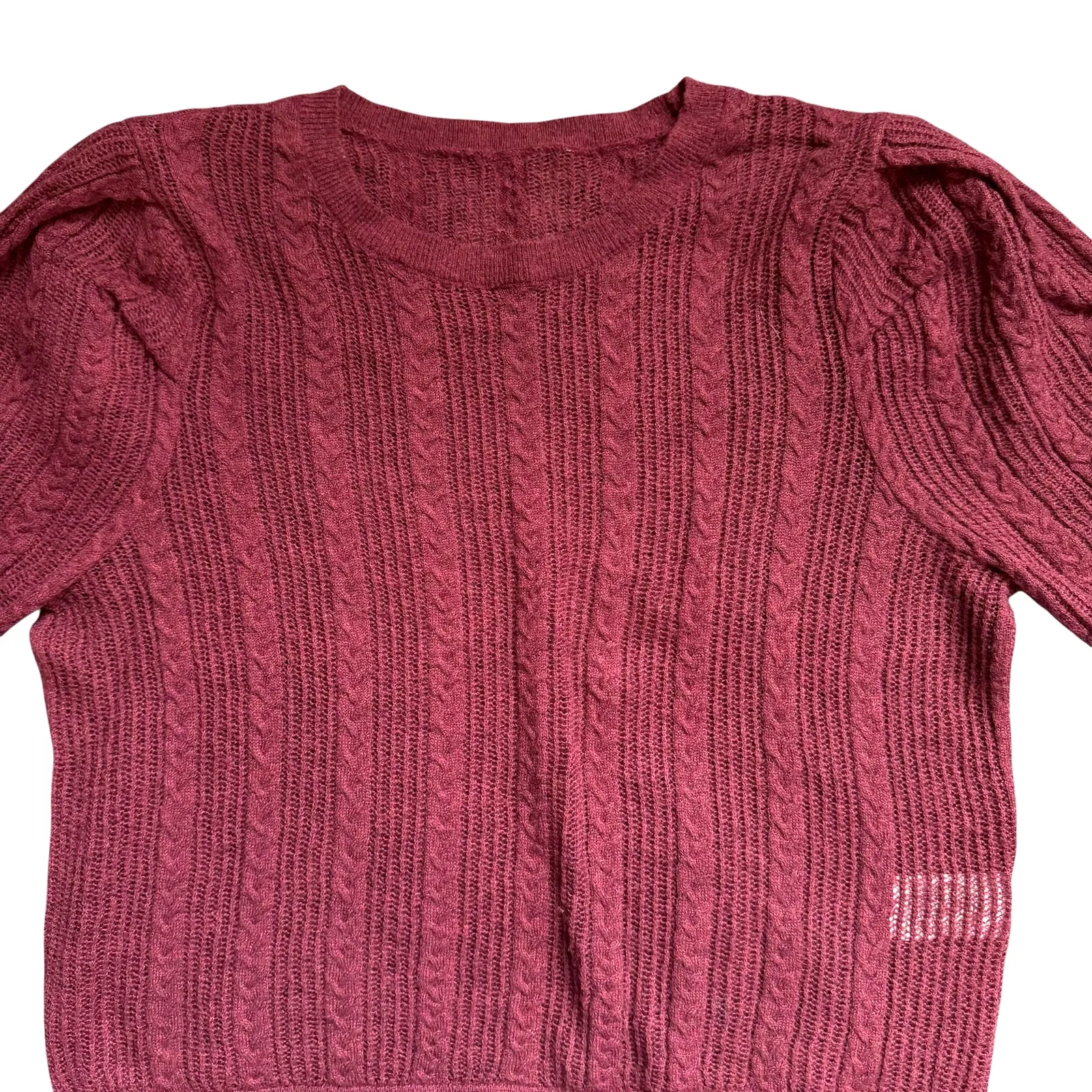 DKNY Womens Short Sleeve Cable Knit Pointelle Sweater Mauve Burgundy Size Large - Image 2