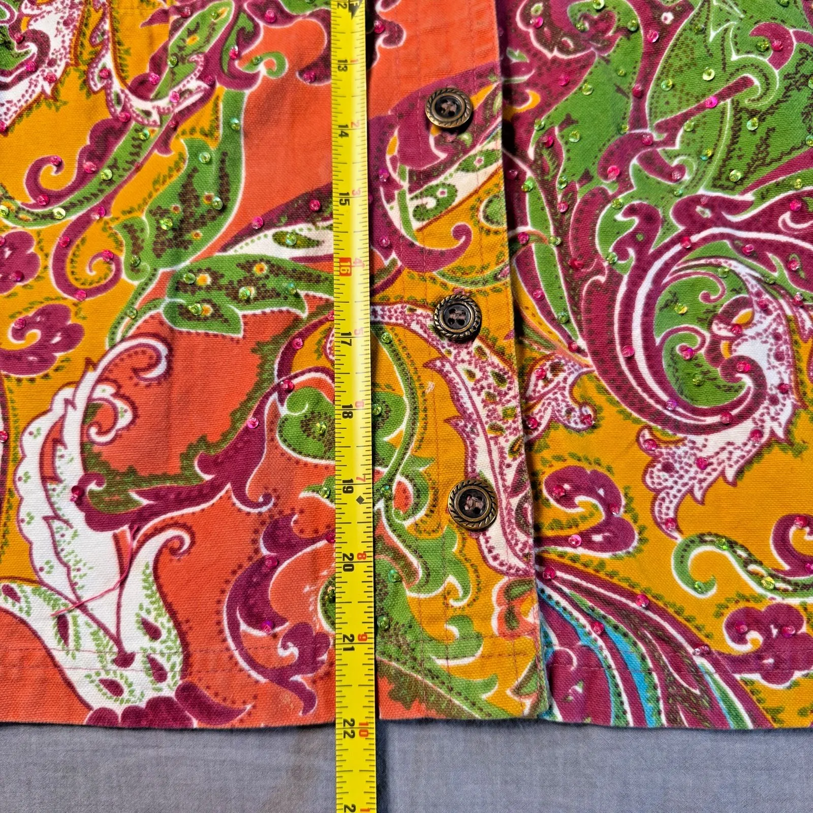 VTG Carrie Allen Paisley Beaded Sequin Denim Jacket Womens‎ Medium Cotton Boho Yellow - Image 10