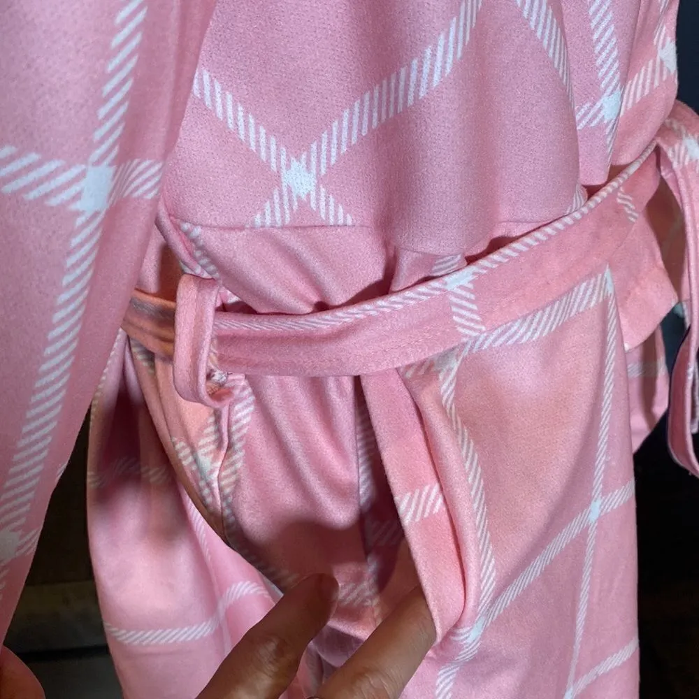 Women’s Turn Down Collar Wrap Coat Pink Grid Pattern Belted Size **XL **READ - Image 5