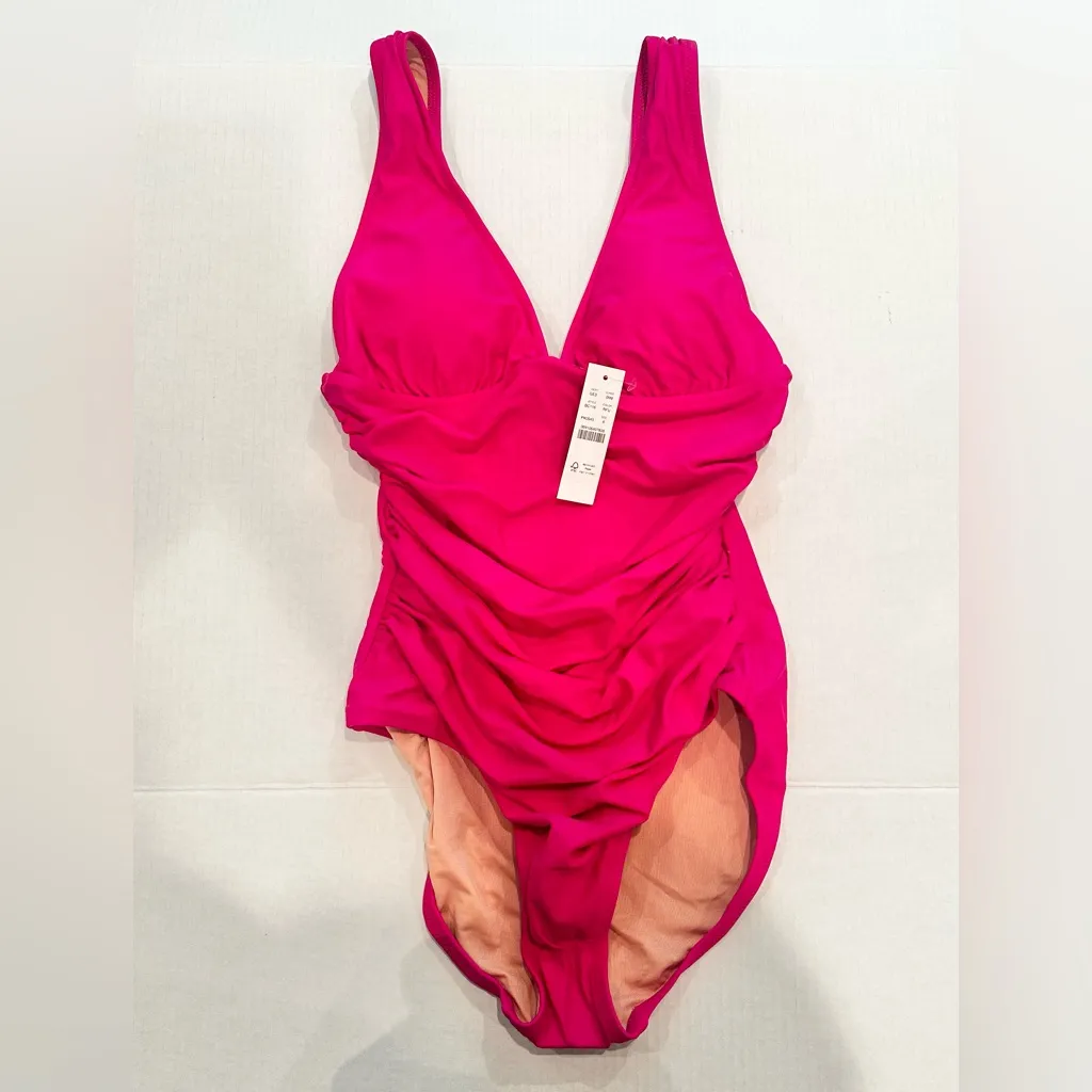 J. CREW Ruched V-Neck One Piece Swimsuit Women's 10 Radiant Fuchsia Beach‎ NEW - Image 5
