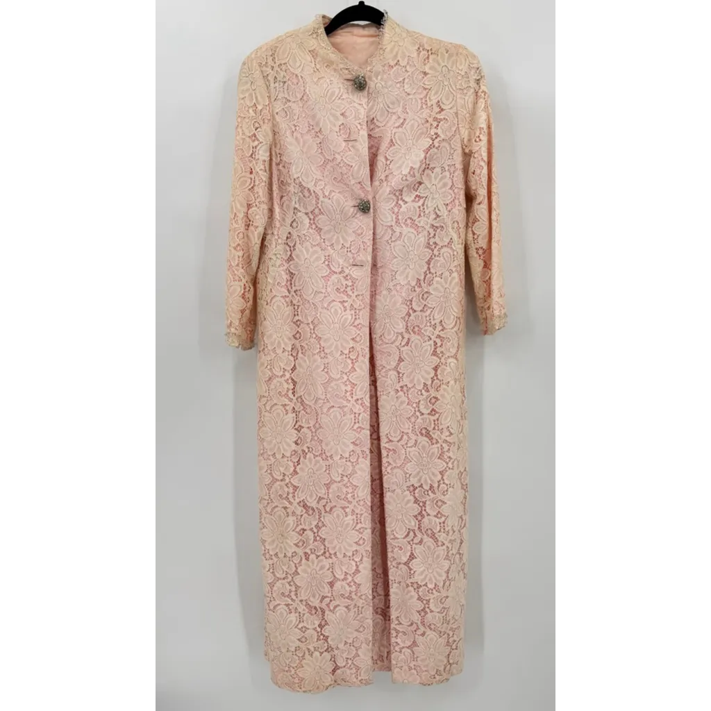 Vintage 80s Pink with Ivory Lace 2 Piece Set Dress & Long Jacket Beaded READ - Image 2