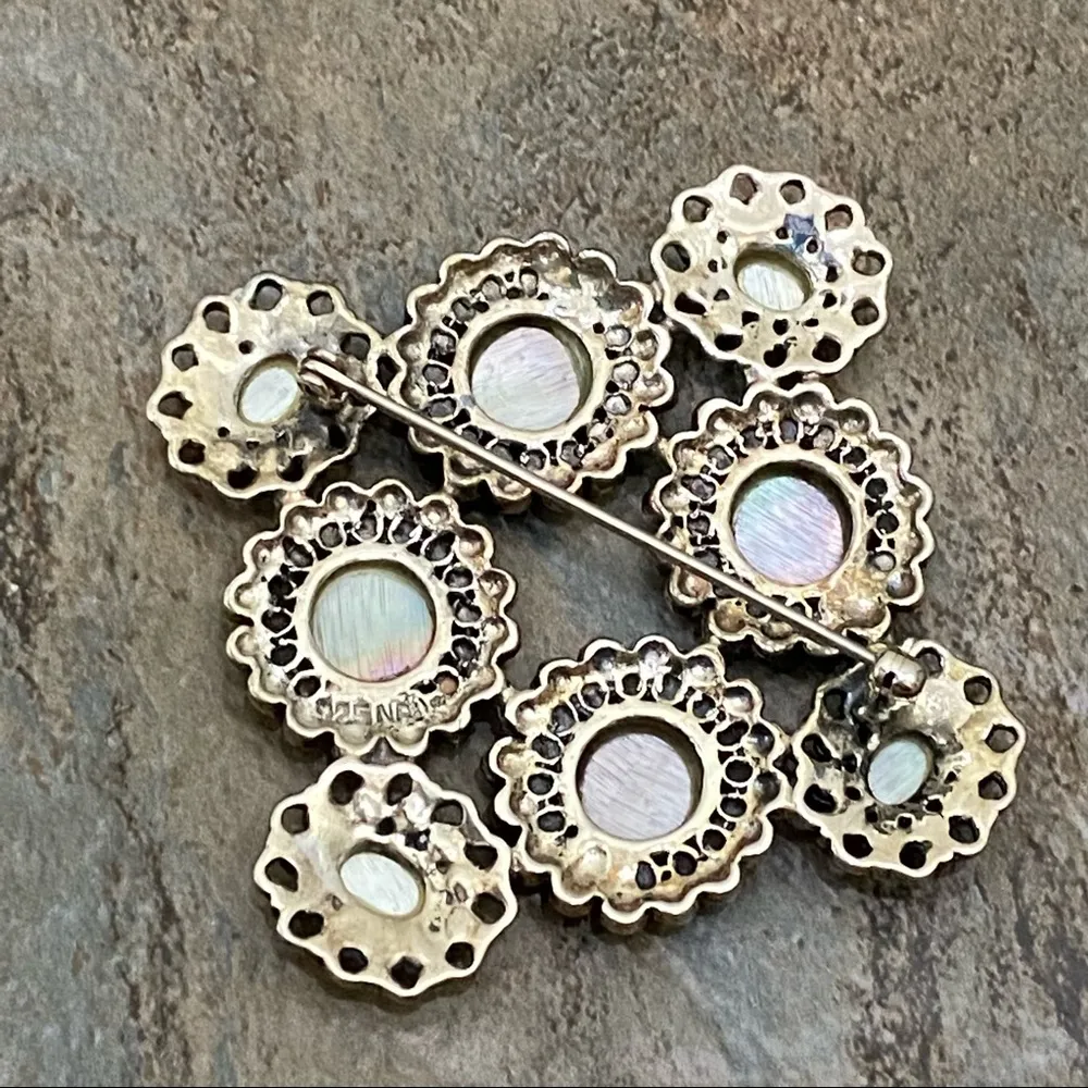 Vintage 925 Sterling Silver Filigree Marcasite Abalone Yellow Moonstone Brooch - Image 4