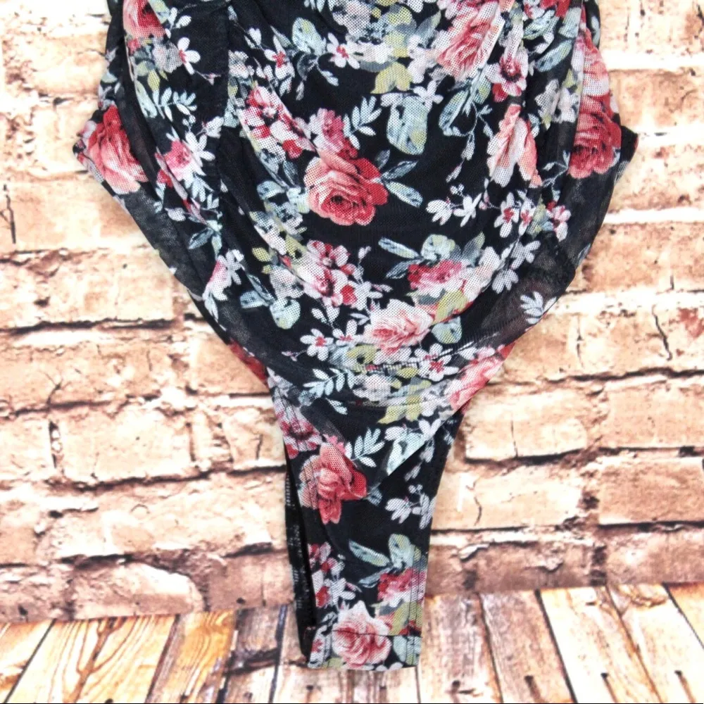 Free Press Ruched Mesh Bodysuit Black Ruby Floral - Image 5
