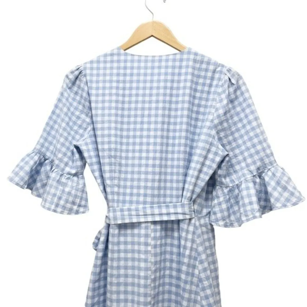 Storia Blue Gingham Wrap Ruffled Knee Length Dress Women’s Size Small Dorothy - Image 6