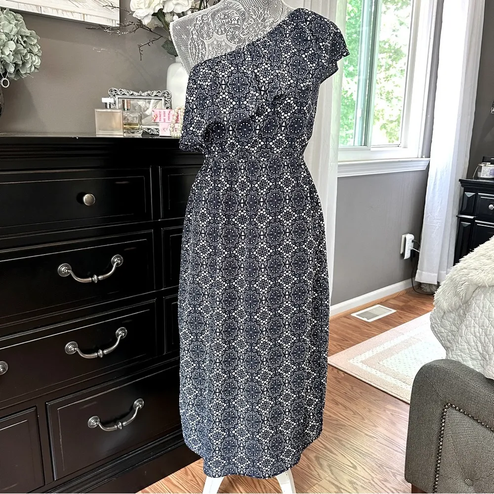 Allison Joy One Shoulder Ruffle Navy White Print Sundress Size M - Image 2