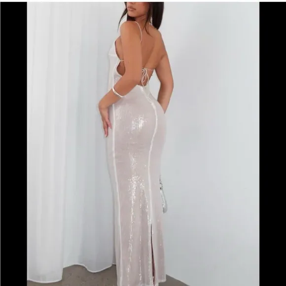NWT White Fox Misery Business Maxi Dress White Sequin Gown Medium - Image 2