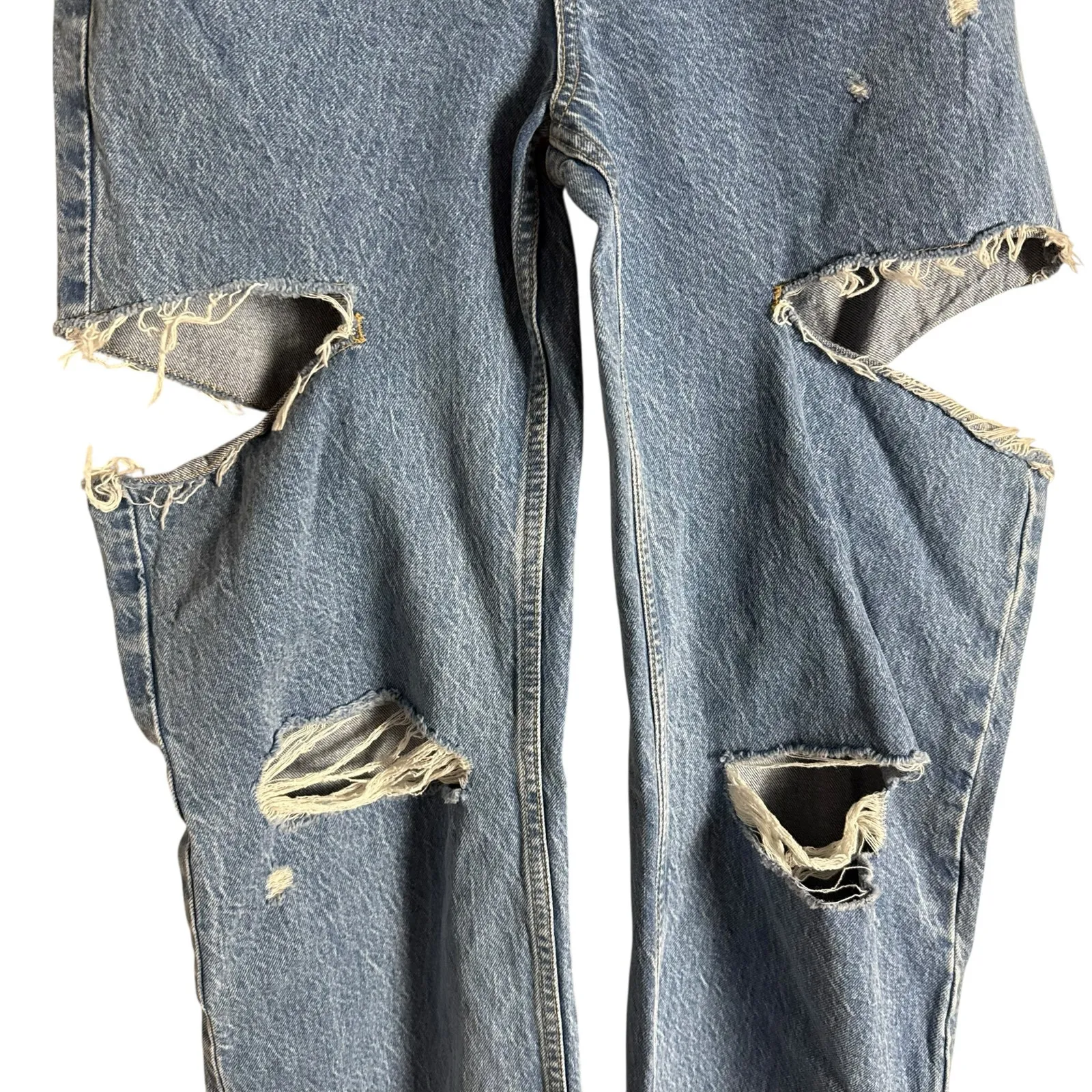 Zara Blue Denim Straight Leg High Rise Distressed Cut Destructed Jeans Size 4 - Image 4
