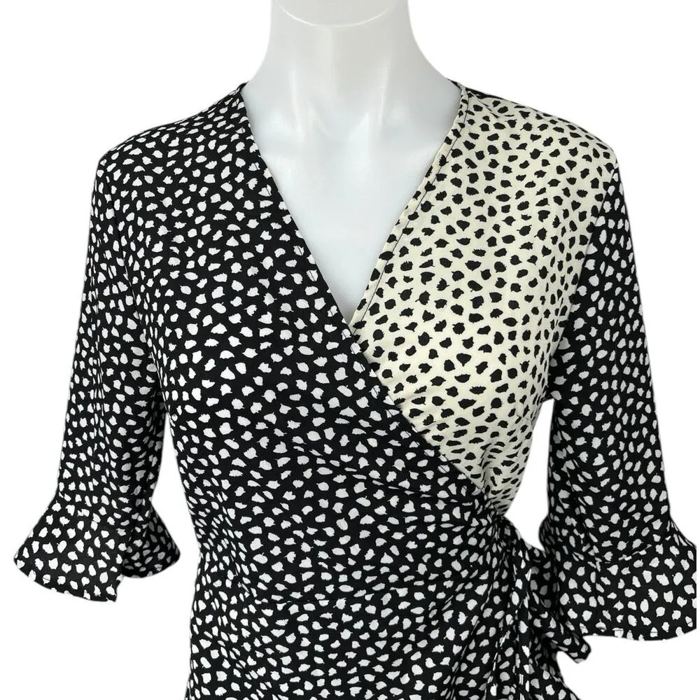 Boohoo Black White Contrast Smudge Half Sleeve Ruffle Frill Mini Wrap Dress 10 - Image 3