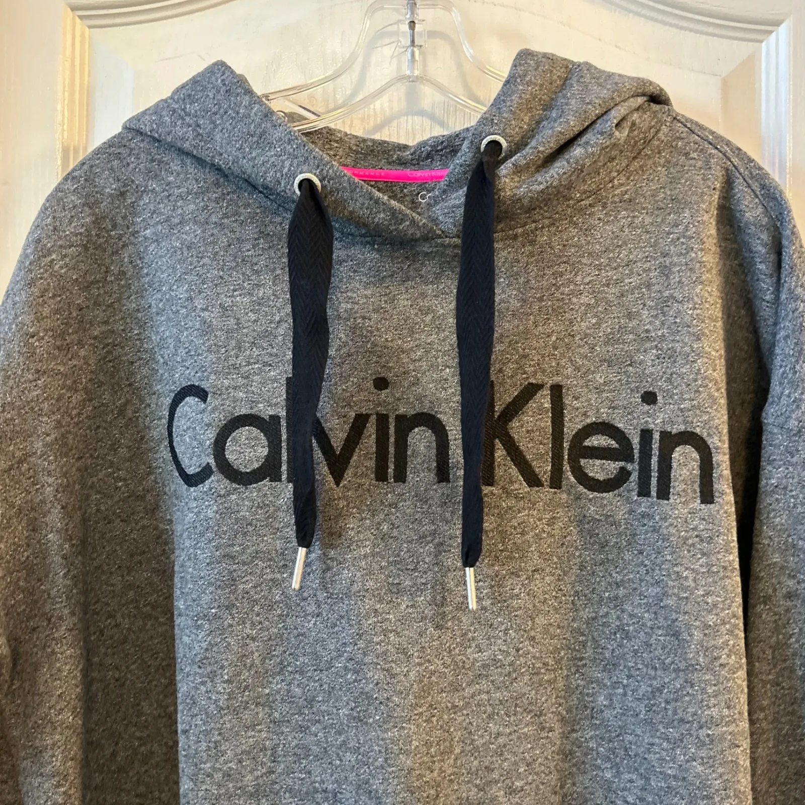 Calvin Klein Performance Gray Cropped Hoodie Logo Athletic Thumbholes L/G - Image 2