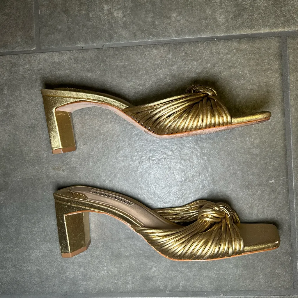 Antonio Melani Gold Knotted Leather Square Toe Sandal Heels Women’s Shoe Size 7 - Image 5